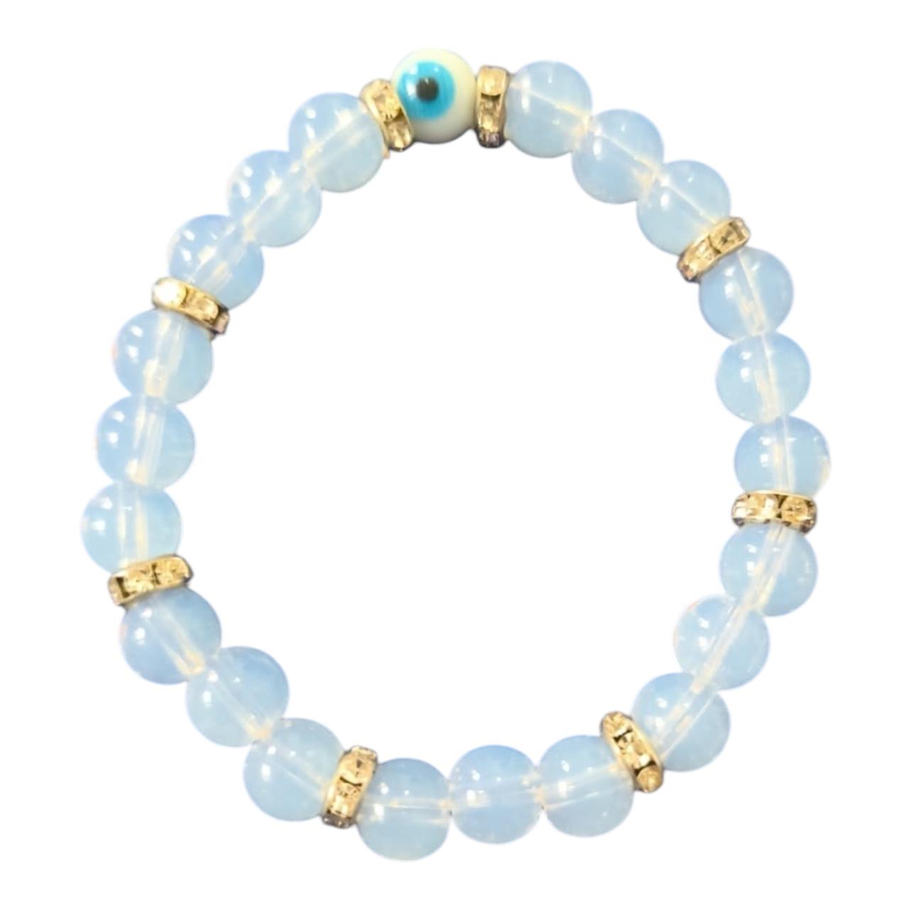 Pulsera de Piedra Luna 10mm con Ojo Turco – Intuición, Protección y Energía Lunar